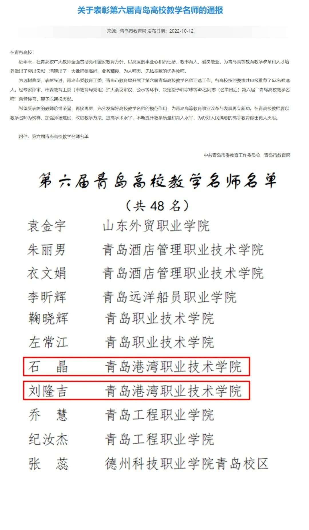 青岛港湾职业技术学院两位教师荣获“青岛高校教学名师”称号(图1)
