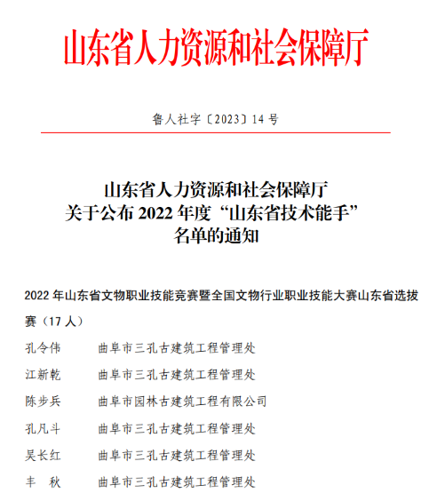 喜报！三孔古建筑工程管理处5名工匠荣获“山东省技术能手”称号(图2)